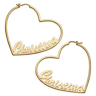 14K Gold Plated Personalized Script Nameplate Medium Heart Hoop Earrings