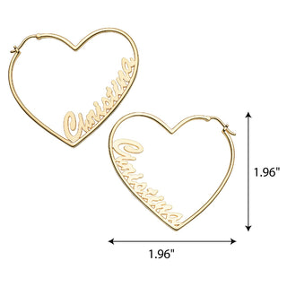 14K Gold Plated Personalized Script Nameplate Medium Heart Hoop Earrings