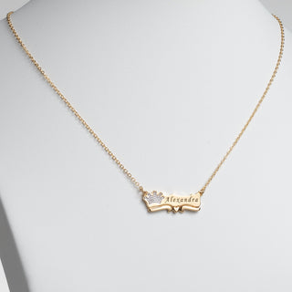 Two Tone Engraved Name with Crown Plaque Necklace