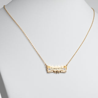 Two Tone Engraved Name with Diamond Accent Plaque Necklace