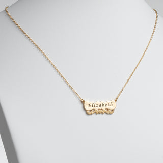 Two Tone Engraved Name with Heart Scroll Plaque Necklace