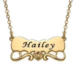14K Gold Plated Engraved Name with Heart Scroll Plaque Necklace