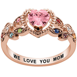 14K Rose Gold over Sterling Mother's Heart Family Birthstone Ring