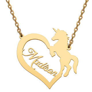 Stainless Steel Open Heart with Name and Unicorn Necklace