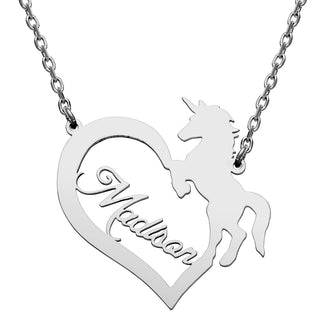 Stainless Steel Open Heart with Name and Unicorn Necklace