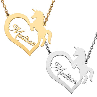Stainless Steel Open Heart with Name and Unicorn Necklace