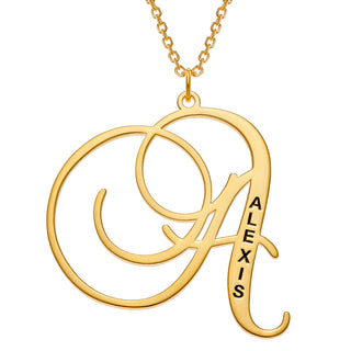 14K Gold over Sterling Initial With Engraved Name Necklace