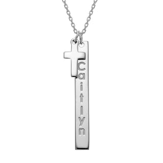 Engraved Name Vertical Bar With Cross Necklace