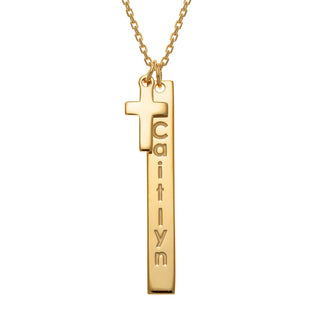 14K Gold Plated Engraved Name Vertical Bar With Cross Necklace