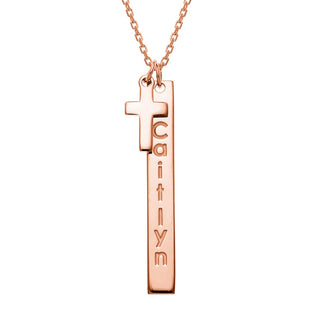 14K Rose Gold Plated Engraved Name Vertical Bar With Cross Necklace