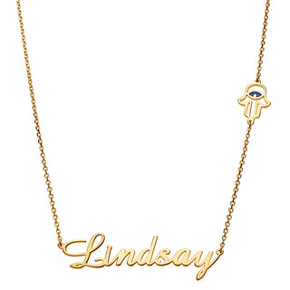 14K Gold Plated Script Name with Hamsa Hand Station Necklace