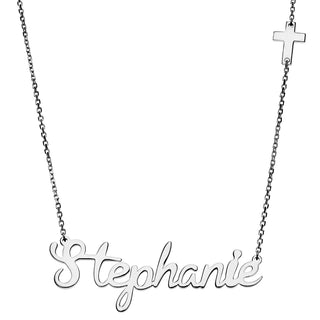 Silver Plated Script Name with Cross Station Necklace