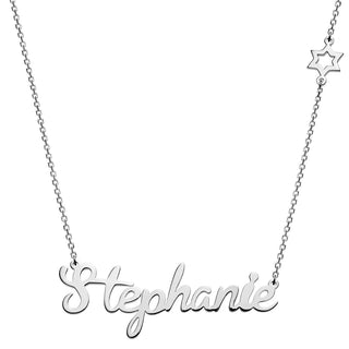 Silver Plated Script Name with Star of David Station Necklace