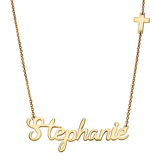 14K Gold Plated Script Name with Cross Station Necklace