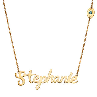14K Gold Plated Script Name with Evil Eye Station Necklace