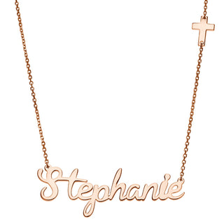 14K Rose Gold Plated Script Name with Cross Station Necklace