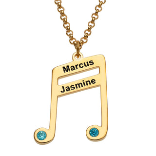 14K Gold Plated Sixteenth Note Couple Name and Birthstone Necklace