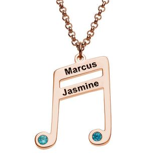 14K Rose Gold Plated Sixteenth Note Couple Name and Birthstone Necklace