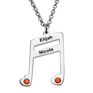 Silver Plated Sixteenth Note Couple Name and Heart Birthstone Necklace
