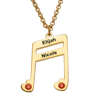 14K Gold Plated Sixteenth Note Couple Name and Heart Birthstone Necklace