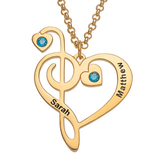 14K Gold Plated Treble and Bass Clef Couple's Name and Birthstone Necklace