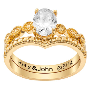 14K Gold Plated Oval Stone 2 Piece Wedding Ring Set