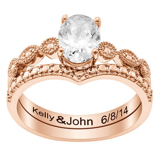 14K Rose Gold Plated Oval Stone 2 Piece Wedding Ring Set
