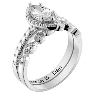 Silver Plated Marquise Stone 2 Piece Wedding Ring Set