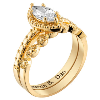 14K Gold Plated Marquise Stone 2 Piece Wedding Ring Set