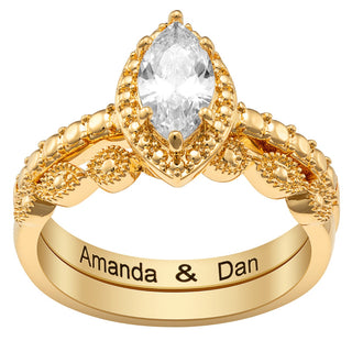 14K Gold Plated Marquise Stone 2 Piece Wedding Ring Set