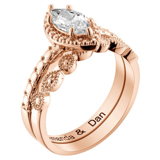 14K Rose Gold Plated Marquise Stone 2 Piece Wedding Ring Set