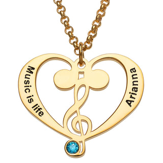14K Gold Plated Treble and Bass Clef Heart Name and Birthstone Necklace