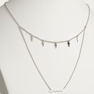 Silver Plated Layered Name Necklace with Cross Charms