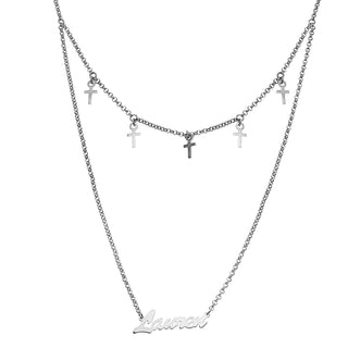 Silver Plated Layered Name Necklace with Cross Charms