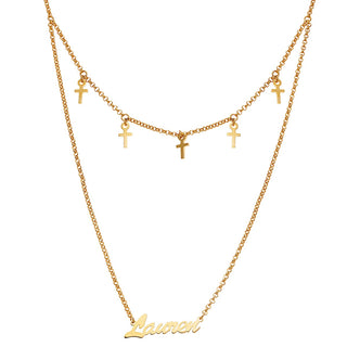 14K Gold Plated Layered Name Necklace with Cross Charms
