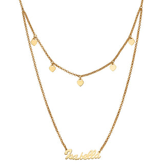 14K Gold Plated Layered Name Necklace with Heart Charms