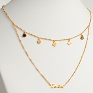 14K Gold Plated Layered Name Necklace with Flower Charms