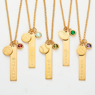 14K Gold Plated Name Necklace with Basketball Charm and Birthstone Dangle