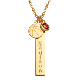 14K Gold Plated Name Necklace with Basketball Charm and Birthstone Dangle