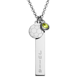 Silver Plated Name Necklace with Soccer Ball Charm and Birthstone Dangle
