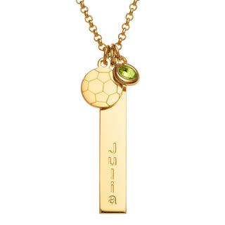 14K Gold Plated Name Necklace with Soccer Ball Charm and Birthstone Dangle