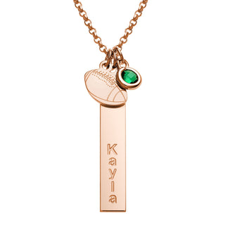 14K Rose Gold Plated Name Necklace with Football Charm and Birthstone Dangle