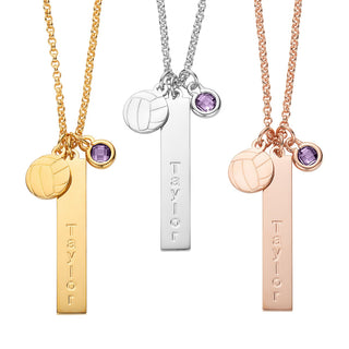 Silver Plated Name Necklace with Volleyball Charm and Birthstone Dangle