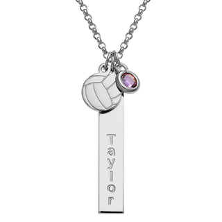 Silver Plated Name Necklace with Volleyball Charm and Birthstone Dangle