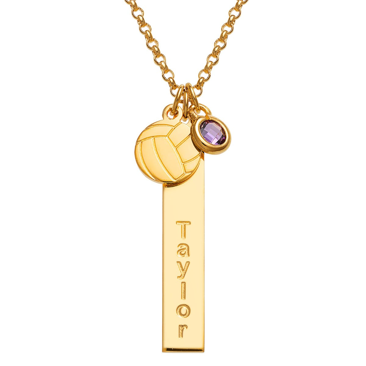 Goldtone Name Necklace with Volleyball Charm and Birthstone Dangle
