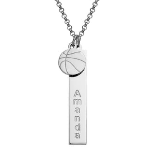 Silver Plated Name Necklace with Basketball Charm Dangle