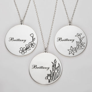 Silver Plated Engraved Name and Birth Flower Necklace