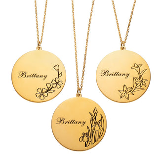 14K Gold Plated Engraved Name and Birth Flower Necklace