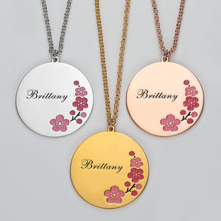 14K Gold Plated Engraved Name and Enamel Birth Flower Necklace