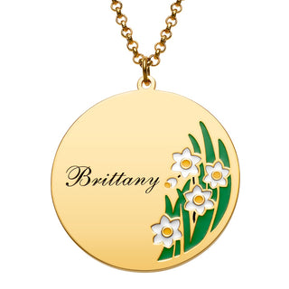 14K Gold Plated Engraved Name and Enamel Birth Flower Necklace